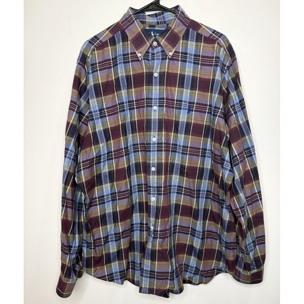 Polo Ralph Lauren Button Down Shirt Mens XL 17 Plaid Blue Pony Preppy Office Pro